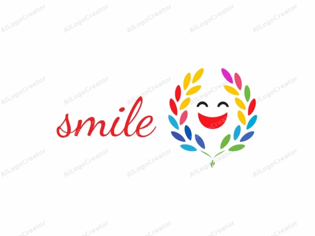 This is a playful, stylized logo featuring a cheerful, smiling face with a bright red mouth and two closed eyes, both represented by simple white circles. The face is centrally placed within a stylized wreath that forms the background. The wre