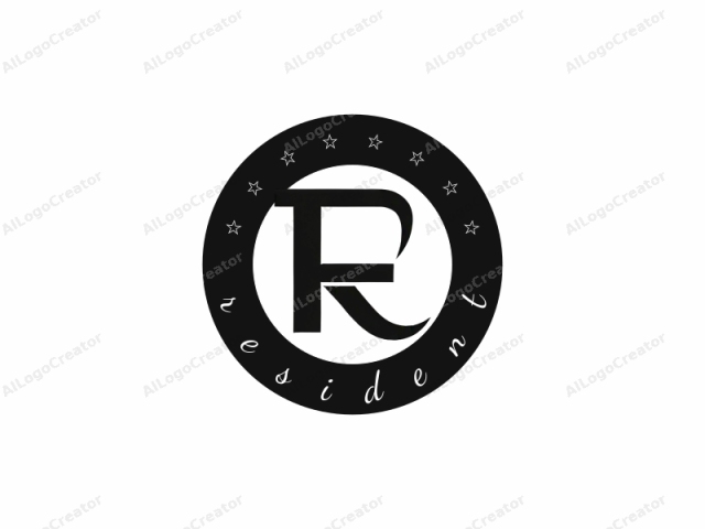 The image is a digital graphic featuring a bold, minimalist logo. The primary element is a stylized capital letter "R" formed by a thick, black, smooth curve that extends from the top left to the bottom right, intersecting with a