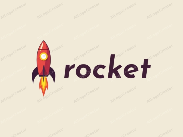 featuring a cartoon-style rocket ship. The rocket ship is centrally placed against a plain, off-white background. It has a cylindrical body with a bright red hue, tapering at both ends. The front end is pointed, and the rear end is fl