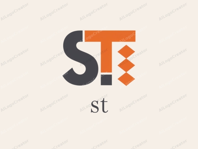 นี่คือโลโก้แบบมินิมอลและเรขาคณิตที่มีองค์ประกอบหลักสองส่วน: ตัวอักษร "S" และ "T" ตัวอักษร "S" แสดงด้วยตัวอักษรตัวใหญ่ ตัวหนา สีเทาเข้ม ขนาดใหญ่ ทางด้านขวาของ "S" มี