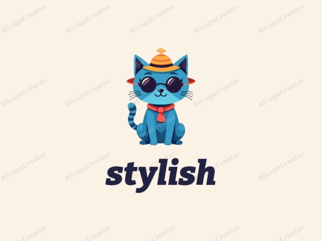 This is a colorful, cartoonish illustration of a cheerful blue cat. The cat is seated on the ground, facing forward with a content expression. It has large, round black glasses, giving it a mischievous appearance. On its head is