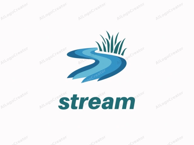 This is a simplified, abstract logo featuring stylized water and grass. The water element is depicted in various shades of blue, with the lightest blue representing the surface and darker blues suggesting depth. The water curves gracefully from the bottom left towards the