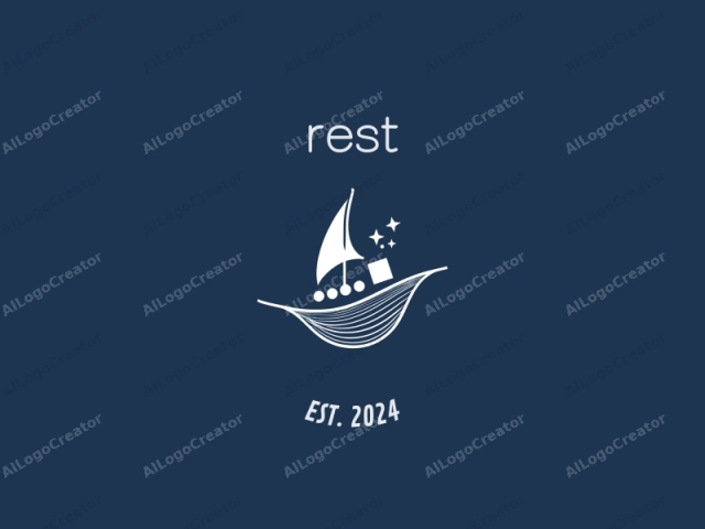 This minimalist logo is executed in a digital medium, using a clean, white outline against a dark blue background. The central subject is a stylized sailing ship with a single, pointed sail. The ship's hull is abstract and smooth, resembling a