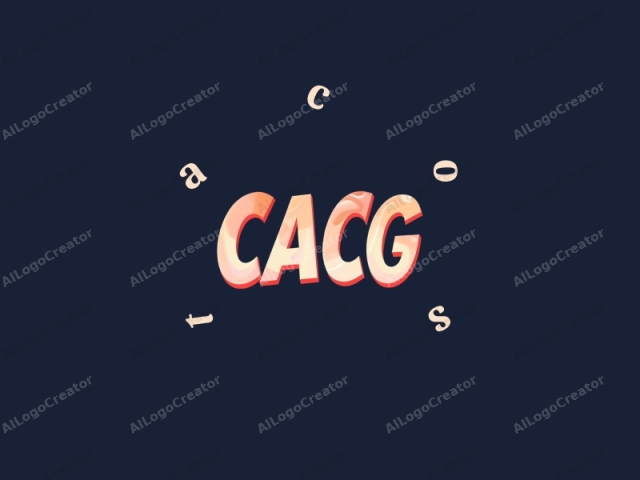 describiendo los elementos visuales, texturas y paleta de colores. El logo presenta de manera prominente las letras "CACG" en un estilo audaz, tridimensional y algo futurista. Cada letra está renderizada en una superficie brillante y reflectante que capta la luz, dándoles