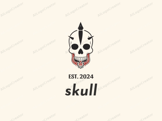 which features a stylized skull. The skull, centrally positioned, is rendered in a minimalistic digital art style with bold, clean lines. The background is a plain, off-white color, providing a stark contrast to the dark, black-and-red