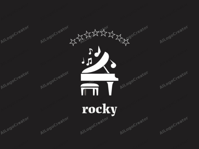 Este es un diseño de logo minimalista, en blanco y negro, con gráficos vectoriales que presenta una representación simplificada de un piano de cola. El piano se muestra en una silueta blanca sobre un fondo negro sólido. El gráfico carece de detalles finos, centrándose en la