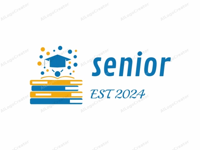 This is a stylized logo featuring simplified, digital vector art elements. The central subject is a blue graduation cap, emblematic of academic achievement, resting on top of a stack of books. Below the cap, two horizontal book stacks, each consisting