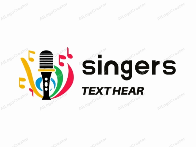 This stylized logo features a black microphone prominently placed in the center. Surrounding the microphone are three vibrant, colorful musical notes arranged in an arc, with each note in a distinct hue: red, yellow, and blue. The microphone has a