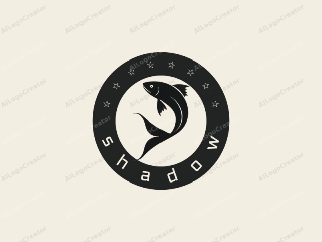 which features a minimalist black silhouette of a fish against a plain, light beige background. The fish is depicted in a stylized, abstract manner, with sharp, clean lines and minimal detailing, creating a sleek and modern aesthetic. Its body is elong