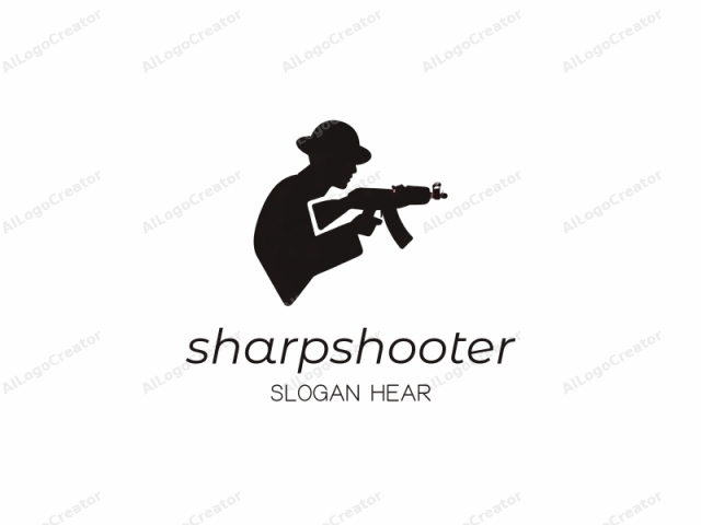 which is a minimalist black-and-white silhouette of a person firing a gun. The subject is depicted in a side profile, facing left. The silhouette is smooth and lacks any visible facial features or details, emphasizing the shape of the person's body and