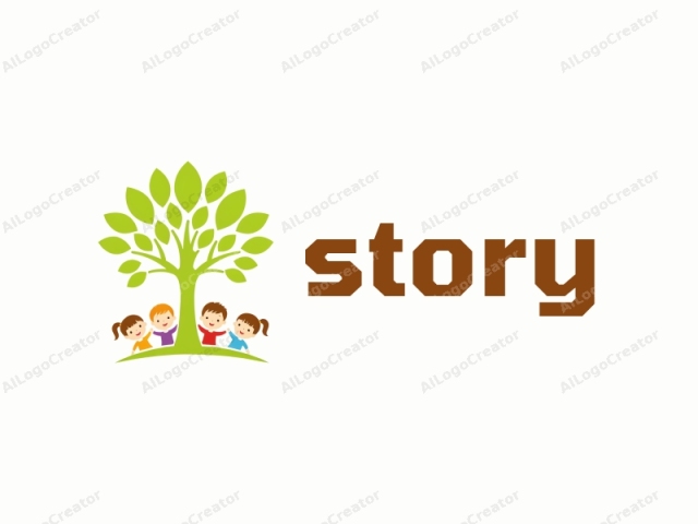 This is a digital logo illustration featuring a stylized, green tree with a simple, rounded shape and multiple green leaves scattered around its canopy. At the base of the tree, four children are depicted standing and smiling joyfully. They are arranged in