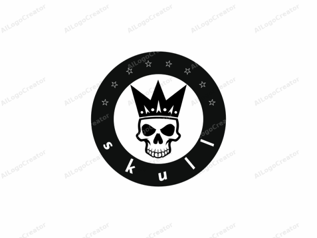 a minimalist design featuring a bold, black skull and crown. The skull is the primary subject, facing forward with hollow eye sockets and a gaping mouth revealing a row of teeth. The crown, placed above the skull, consists of a series of triangular