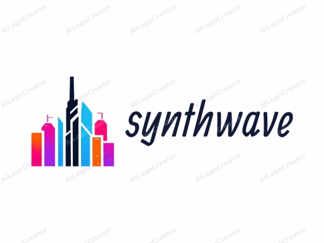 The image features a stylized illustration of a city skyline composed of five tall, geometric buildings against a white background. The buildings are rendered in clean, simple lines with varying shades of blue, orange, pink, and purple, creating a vivid and