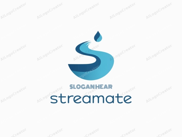 The image features a minimalist, modern logo designed in a smooth, clean, and abstract style. The central element is a stylized representation of water in motion, consisting of three main components: a curving wave, a drop, and an abstract
