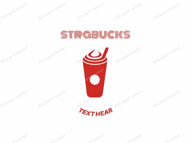 This is a minimalist, vector graphic depicting a red, filled coffee cup with a black logo in the center and a white background. The coffee cup is tall and cylindrical, with a wide base, tapering slightly towards the top. Its sides are