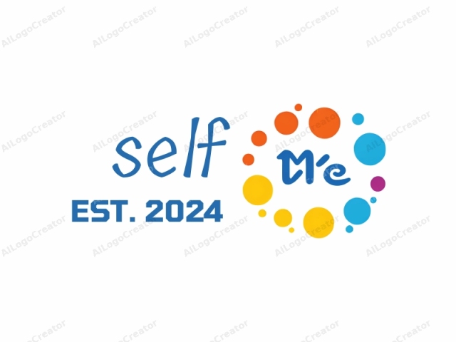 This is a digital graphic featuring a modern and playful logo with a vibrant and lively design. The logo consists of the word "Me" in the center written in a friendly, blue cursive font. Surrounding the text are a series of evenly