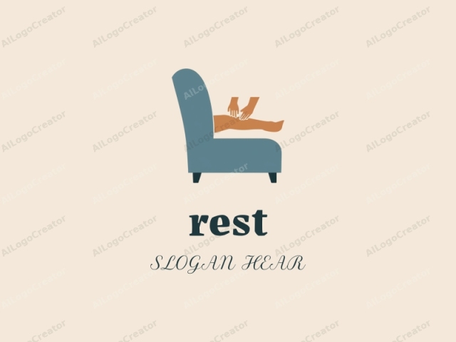 This is a minimalist, flat design logo depicting a person receiving a massage on a blue upholstered chair with wooden legs. The chair, placed centrally on a beige background, is simple and streamlined, with clean, straight lines and a squared-off shape