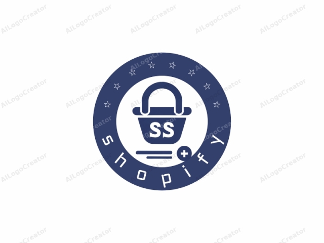 This image is a simplistic, digital, blue and white logo illustration. The logo is centered and features a stylized shopping bag icon at the top left corner. The shopping bag is a flat, two-dimensional design with a prominent handle that curves to