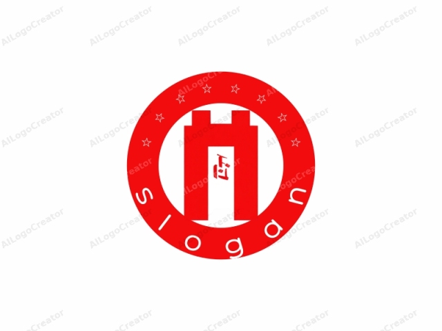 Este es un logotipo minimalista compuesto por tres elementos principales: un cuadrado rojo audaz con una abertura rectangular en su centro, y dos rectángulos rojos más pequeños en las esquinas superiores. La abertura rectangular central está llena de un carácter japonés en rojo, lo que añade