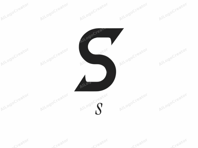 using a descriptive and detailed approach. This image features a minimalist logo of a single, bold letter "S" in a sleek, sans-serif font. The letter is rendered in solid black against a stark white background, creating a striking contrast that emphasizes