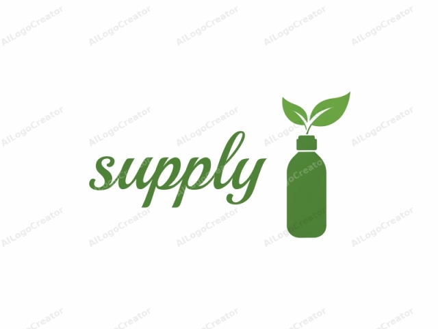 a green, round bottle with a green leaf sprouting from its cap. The image features a minimalist design, characterized by a clean and crisp aesthetic. The bottle is centrally positioned against a plain white background, providing a stark contrast that emphasizes its shape