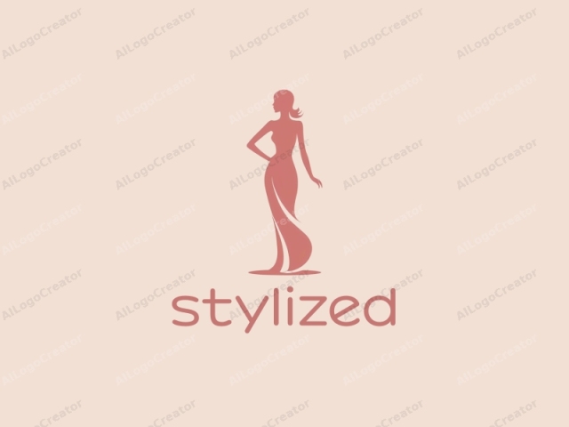 Esta es una ilustración de logotipo minimalista creada en un medio digital. La imagen presenta una silueta elegante y estilizada de una mujer en una pose grácil. Está representada en un color coral rosa sólido y apagado, que contrasta fuertemente con el fondo claro y neutro.