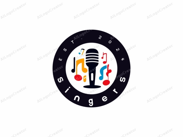 This is a digital vector logo depicting a microphone in the center. The microphone is black, featuring horizontal white lines representing its body, and a small white speaker grille on its front. Surrounding the microphone are several stylized musical notes in various colors