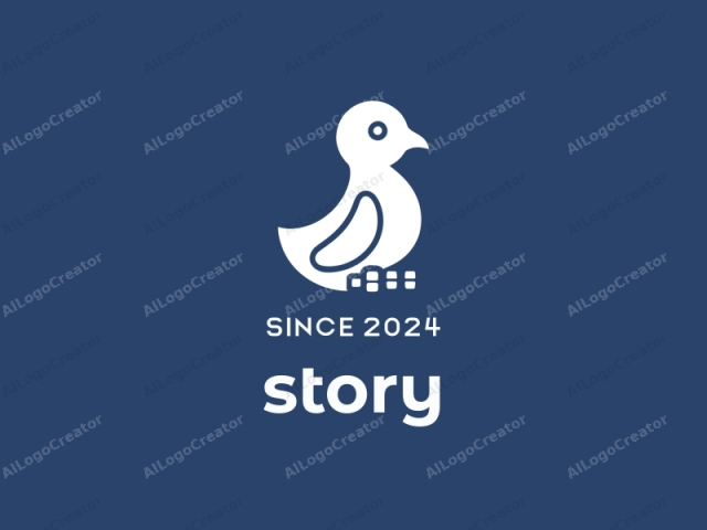 in a minimalist style. The image is a simplistic, white silhouette of a stylized bird set against a solid, navy blue background. The bird is depicted in a side profile, facing to the left. Its head is smooth and rounded, with two