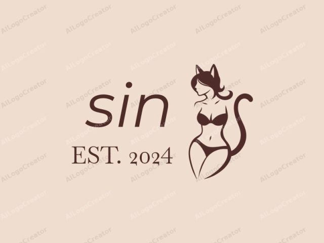 This is a digital logo illustration done in a monochromatic, minimalist style, utilizing a single, dark brown color on a light beige background. The subject is a stylized anthropomorphic cat-woman figure with a slender and curvaceous physique