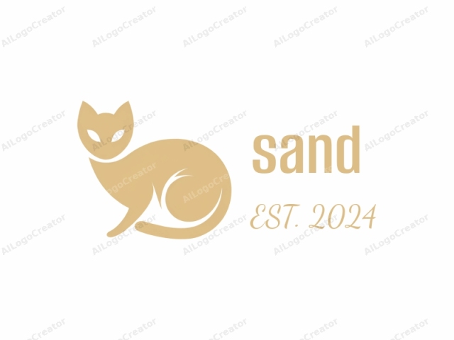 Dies ist ein minimalistisches, digitales Logo, das eine stilisierte Katze darstellt. Die Katze ist in einer glatten, sauberen Linie mit einer monochromatischen Farbpalette gezeichnet. Das gesamte Bild ist in einem blassen Goldton vor einem strahlend weißen Hintergrund dargestellt. Die Katze