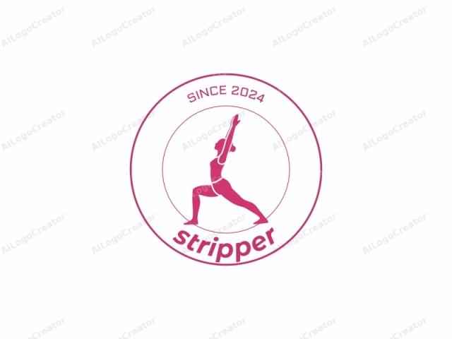 Dies ist ein minimalistisches, vektorbasiertes Logo-Bild, das das Seitenprofil einer Person zeigt, die eine Yoga-Asana ausführt, wahrscheinlich Krieger II. Die Figur ist in einem kräftigen Magenta vor einem weißen Hintergrund dargestellt, wodurch ihre Silhouette betont wird. Die Person steht in