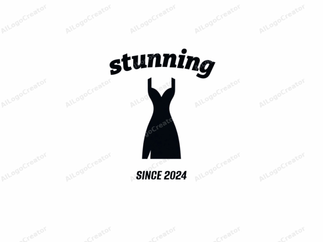 depicting an elegant and stylish black dress, with clean, minimalist lines and a modern design. The dress is depicted in a solid black silhouette against a stark white background, emphasizing its shape and form without any additional details or embellishments. The dress features