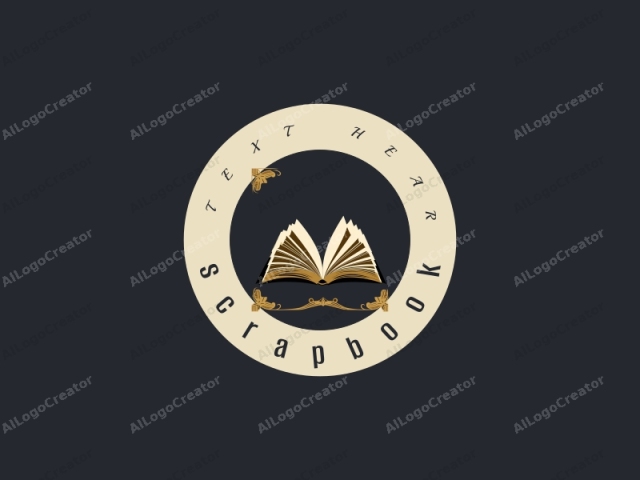 This is a digital illustration set against a dark navy blue background. The central focus of the image is a large, open book with its pages spread wide, revealing a cream-colored interior. The book is positioned horizontally, with the binding on the left