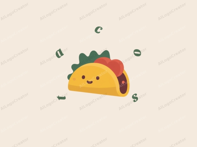 que presenta un taco estilizado y caricaturesco. El taco se representa en un diseño simplista y plano con una cáscara amarilla brillante, adornado con una cara alegre y sonriente que presenta dos ojos negros, una nariz pequeña y una boca cerrada. Su cáscara