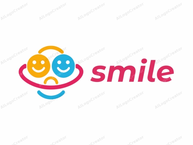 This is a minimalist, vector-based logo design that incorporates simple shapes and colors to convey a cheerful and welcoming message. The logo features two smiling faces, one on the left and one on the right, both with small round, yellow eyes and curved