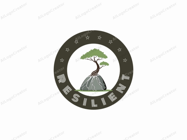 which depicts a stylized tree with a unique design. The tree stands prominently in the center against a clean, white background. The tree has a thick, dark brown trunk that splits into several roots, which extend down and anchor into a large,