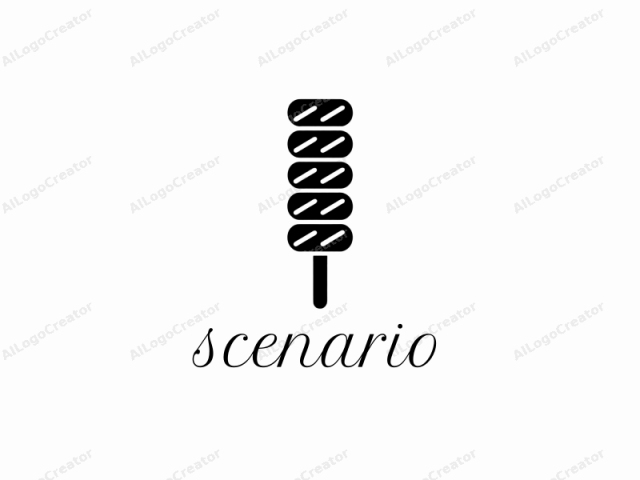 The image is a minimalist, black-and-white icon, depicting a stylized representation of a dessert on a stick. The dessert is depicted in a vertical, stacked manner, with five round, slightly overlapping sections, each containing a series of horizontal lines