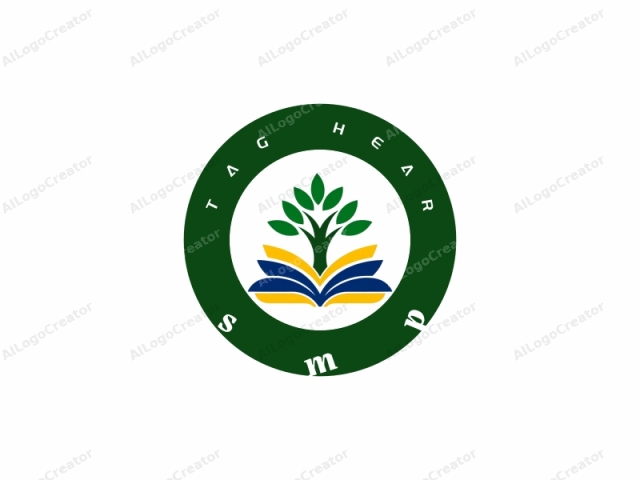 This image is a logo consisting of simple, stylized, abstract design elements. It features a green tree trunk and branches with leaves at the top, symbolizing nature and growth. The tree is centered and surrounded by two book-like structures below,