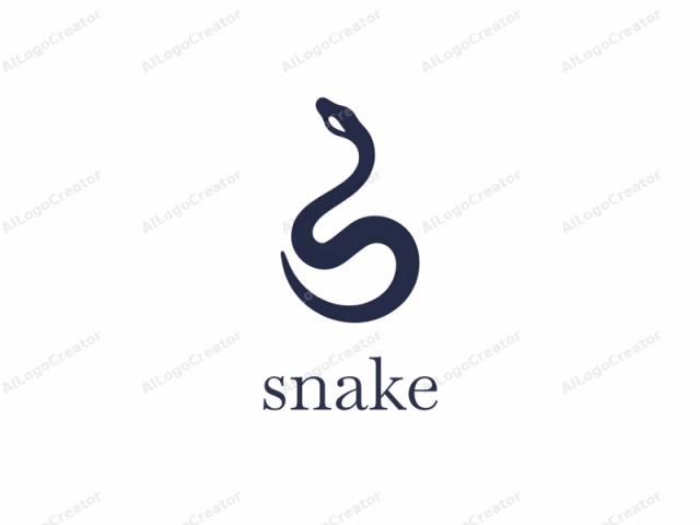 This is a minimalist logo design featuring a stylized snake. The snake is depicted in a simple, curved shape with smooth lines, lacking any details or intricate features. It is drawn in a solid, dark navy blue color against a stark white background