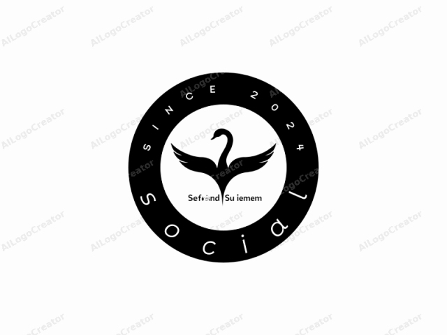 El logo es un diseño minimalista que presenta un cisne estilizado. Está creado utilizando un esquema de colores monocromático, en blanco y negro, sin texturas o gradientes adicionales. El cisne está posicionado centralmente y mira hacia adelante, simbolizando elegancia y gracia.