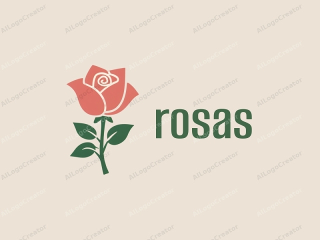 Das Bild ist eine minimalistische, vektorbasierte Zeichnung einer stilisierten Rose vor einem einfachen beigen Hintergrund. Die Rose ist in einem kräftigen, einfarbigen Farbschema dargestellt, das hauptsächlich einen korallenrosa Stiel und Blätter mit grünen Untertönen sowie eine