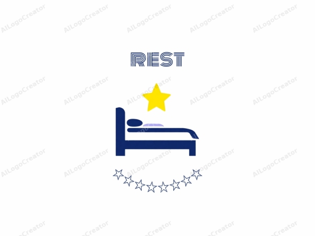 a bed with a star above. The bed is depicted in a simplistic, minimalist style with bold, solid colors. It is a blue, square-shaped bed with four legs and a headboard, and it has a pillow placed against the headboard