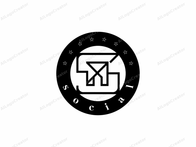 en un estilo minimalista. La imagen es un diseño geométrico negro sobre un fondo blanco puro. El logotipo presenta líneas limpias y una estructura simétrica. En su centro, hay una letra "S" estilizada compuesta por líneas rectas que se cruzan