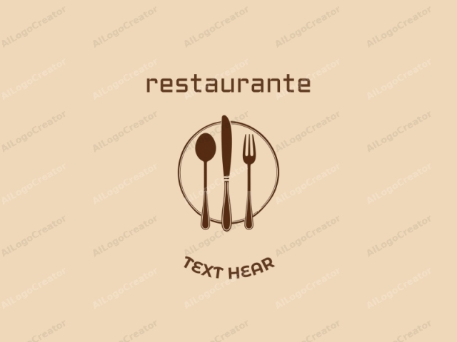 Este logotipo es una ilustración minimalista y plana que representa tres utensilios de cocina: un tenedor, un cuchillo y una cuchara, dispuestos verticalmente dentro de un marco circular. La imagen presenta una paleta de colores única, utilizando el marrón como tono principal.