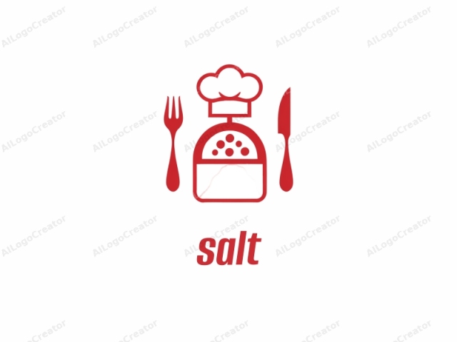 in a minimalist, flat design style. The image is a simple red silhouette of a chef's hat and an oval-shaped bowl or pot, with a spoon to the left and a fork to the right. The chef's hat is prominently positioned atop the