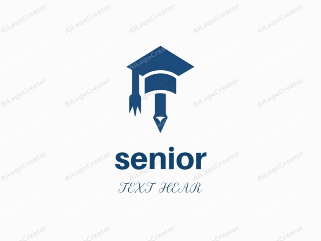 The image is a minimalist, digital logo depicting a stylized, blue graduation cap with tassel and an associated pencil or quill. The cap is rendered in a simple, geometric shape with a broad, triangular brim, tapering to a