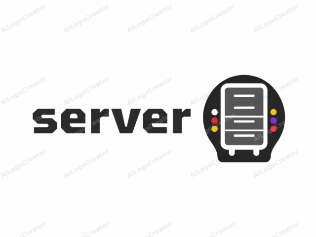 a stylized computer or server, created in a minimalist and abstract design. The logo features a circular black shape with rounded edges, serving as a background for the central computer. The computer itself is depicted in a simplistic and modern style, with a