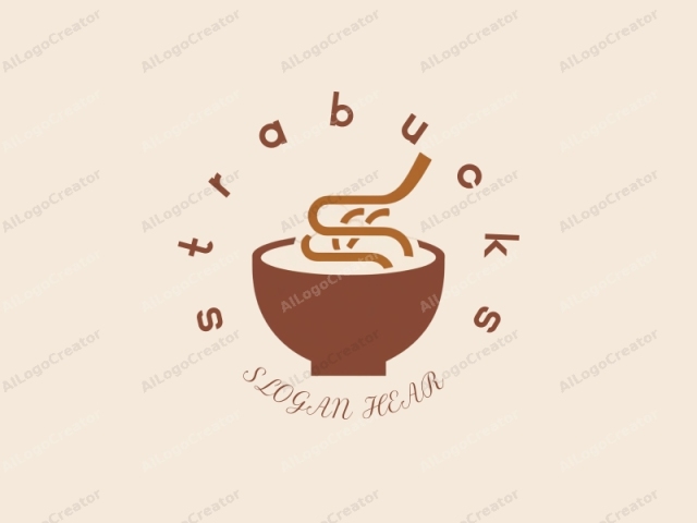 This image is a minimalist, stylized logo in a digital format. The logo is a single, solid shape without any gradients or textures. The main subject is a brown bowl filled with ramen noodles. The bowl is centrally positioned against a plain beige