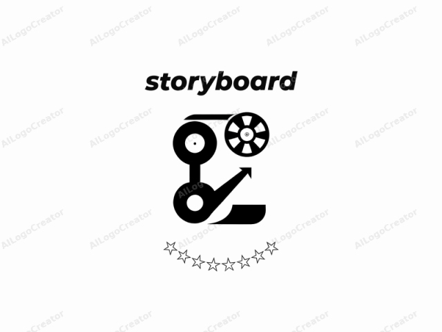 This black and white logo features an abstract, stylized depiction of a film reel and a gear. The film reel is represented by a large oval shape with a smaller circular dot in the center, positioned to the left of the gear. The gear