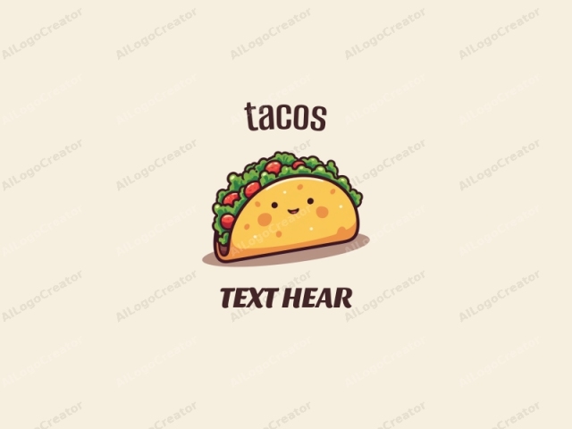 un taco de dibujos animados. Esta es una ilustración caprichosa y colorida de un taco con una cara alegre y sonriente. El taco tiene un color amarillo brillante, indicativo de su crujiente cáscara de tortilla. Sus ojos son dos puntos negros y redondos con pequeños puntos blancos